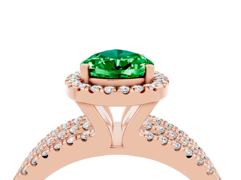 Rose gold {shape_name} Emerald Halo Engagement Ring with Split Shank and Four-Prong Setting_4