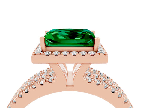 Rose gold {shape_name} Emerald Halo Engagement Ring with Split Shank and Four-Prong Setting_4