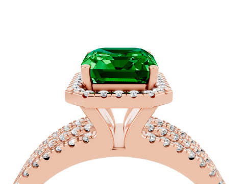 Rose gold {shape_name} Emerald Halo Engagement Ring with Split Shank and Four-Prong Setting_4