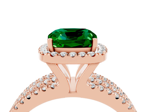Rose gold {shape_name} Emerald Halo Engagement Ring with Split Shank and Four-Prong Setting_4