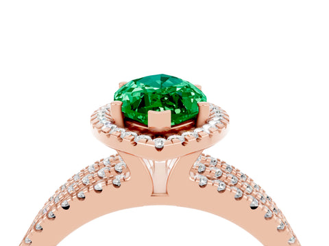 Rose gold {shape_name} Emerald Halo Engagement Ring with Split Shank and Four-Prong Setting_4