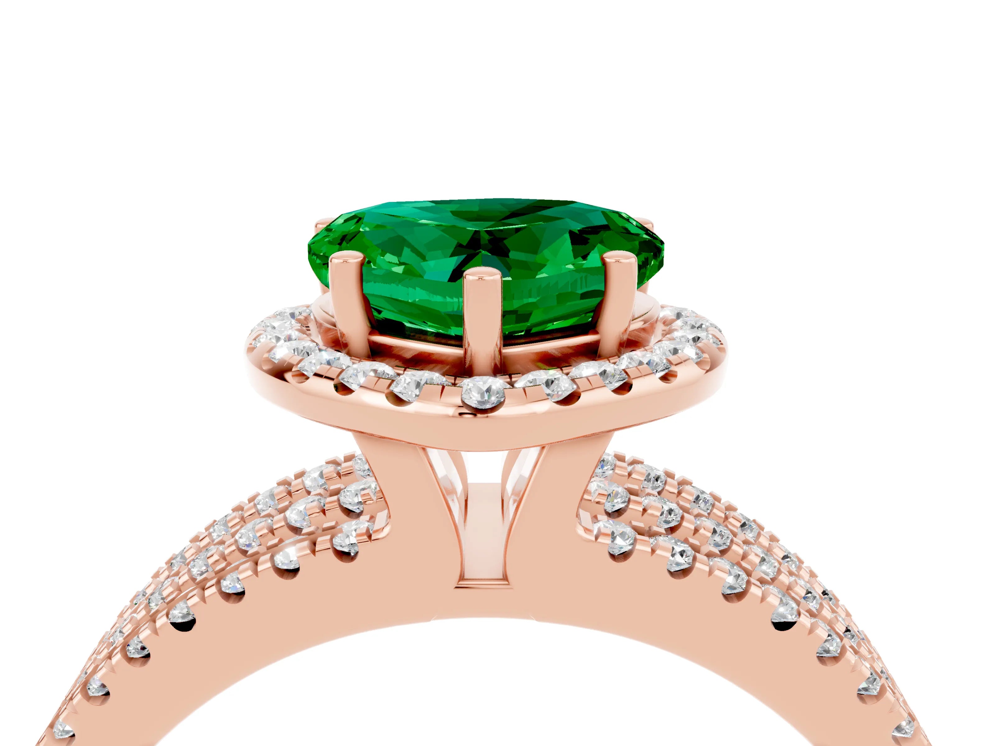 Rose gold {shape_name} Emerald Halo Engagement Ring with Split Shank and Four-Prong Setting_4