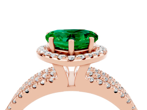 Rose gold {shape_name} Emerald Halo Engagement Ring with Split Shank and Four-Prong Setting_4