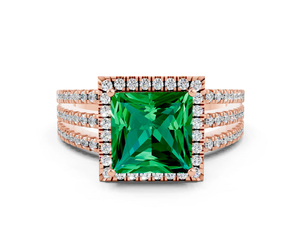 Rose gold Princess Cut Emerald Halo Engagement Ring with Split Shank and Four-Prong Setting