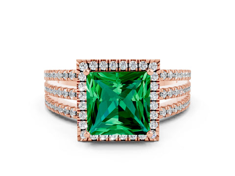 Rose gold {shape_name} Emerald Halo Engagement Ring with Split Shank and Four-Prong Setting
