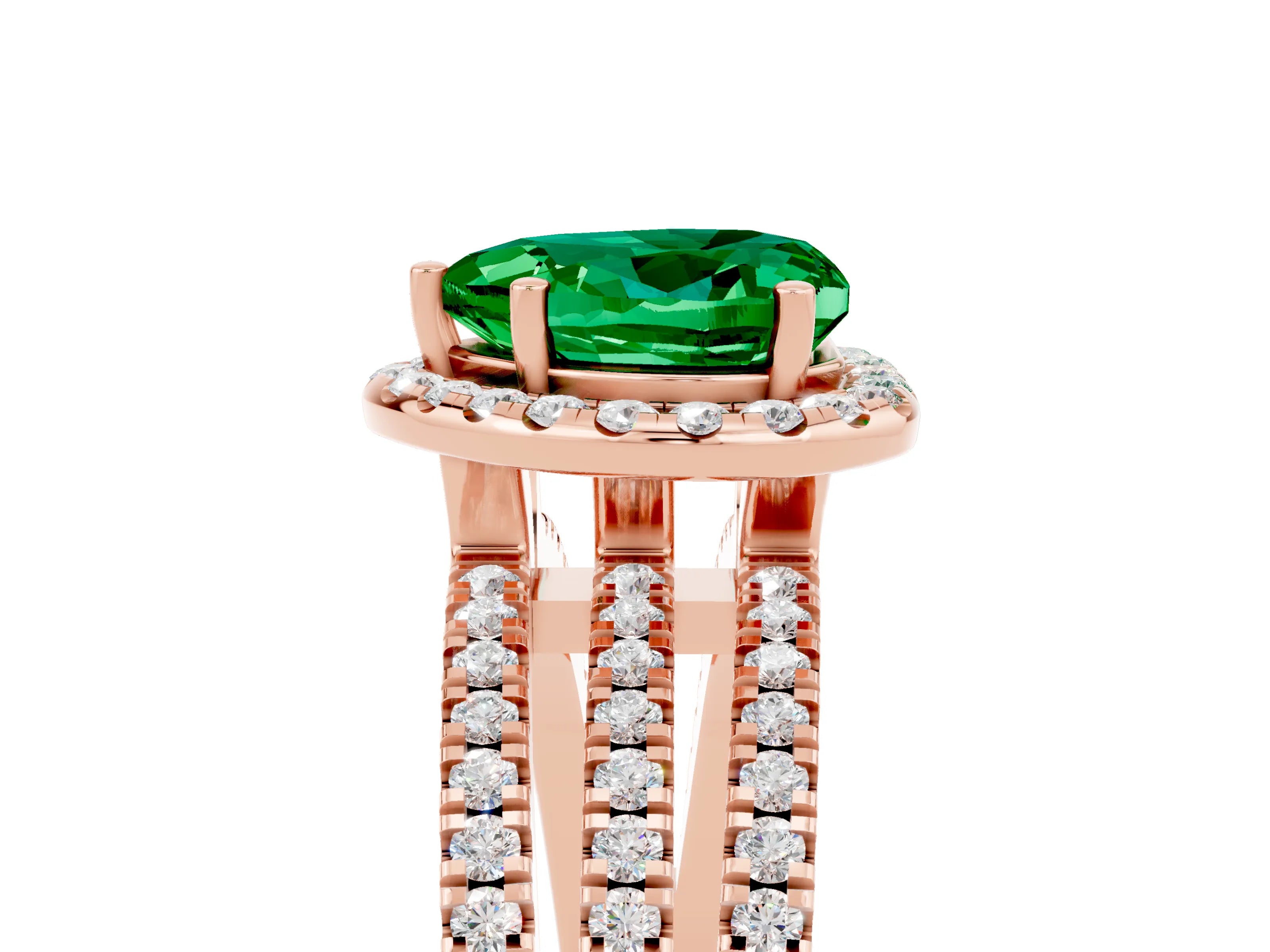 Rose gold {shape_name} Emerald Halo Engagement Ring with Split Shank and Four-Prong Setting_5