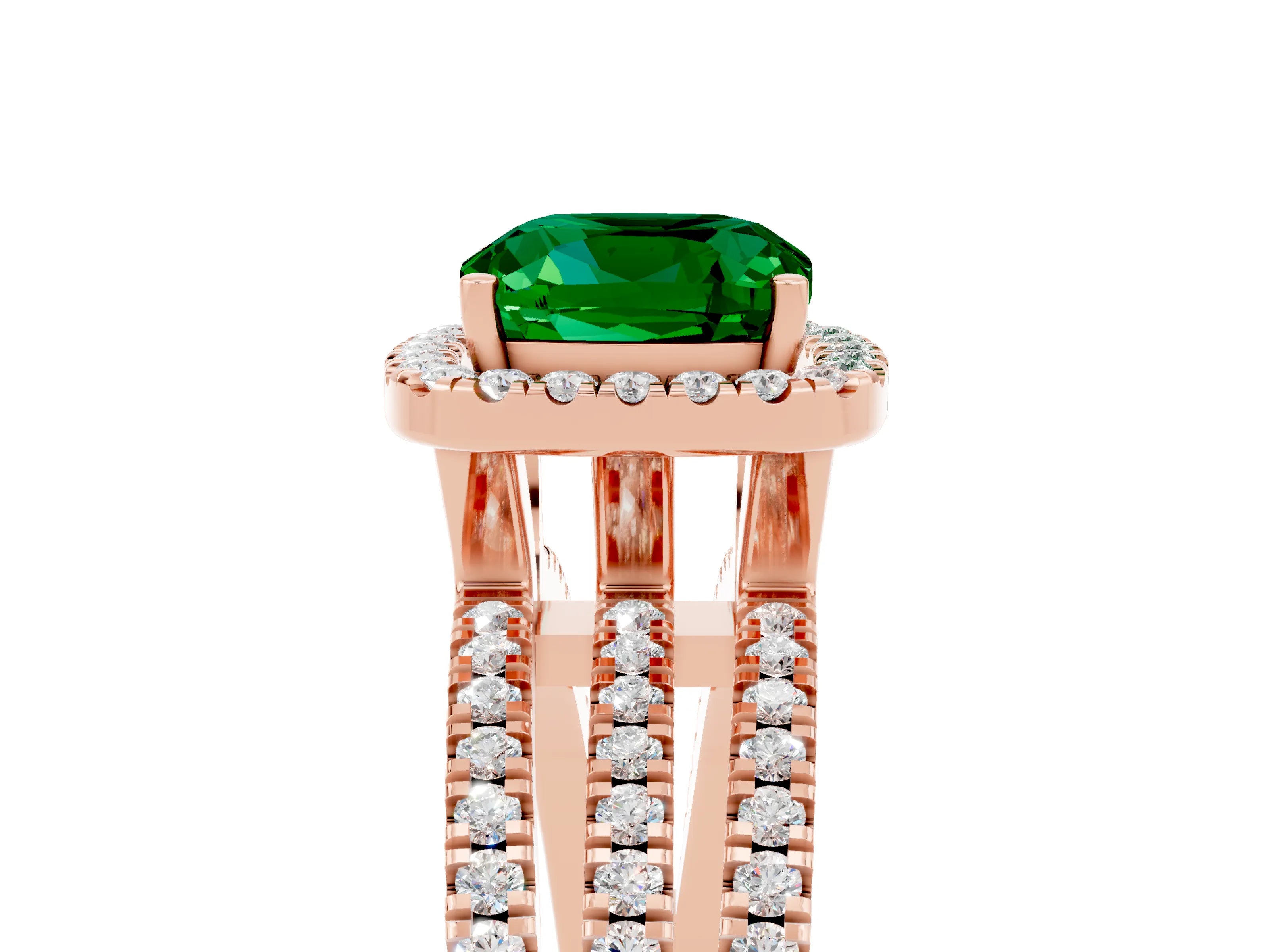 Rose gold {shape_name} Emerald Halo Engagement Ring with Split Shank and Four-Prong Setting_5