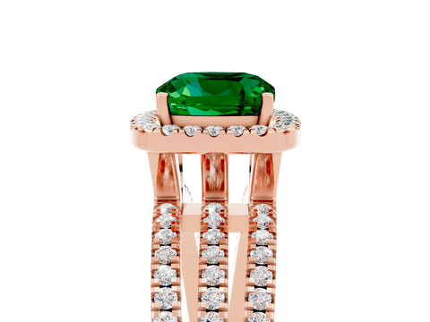 Rose gold {shape_name} Emerald Halo Engagement Ring with Split Shank and Four-Prong Setting_5
