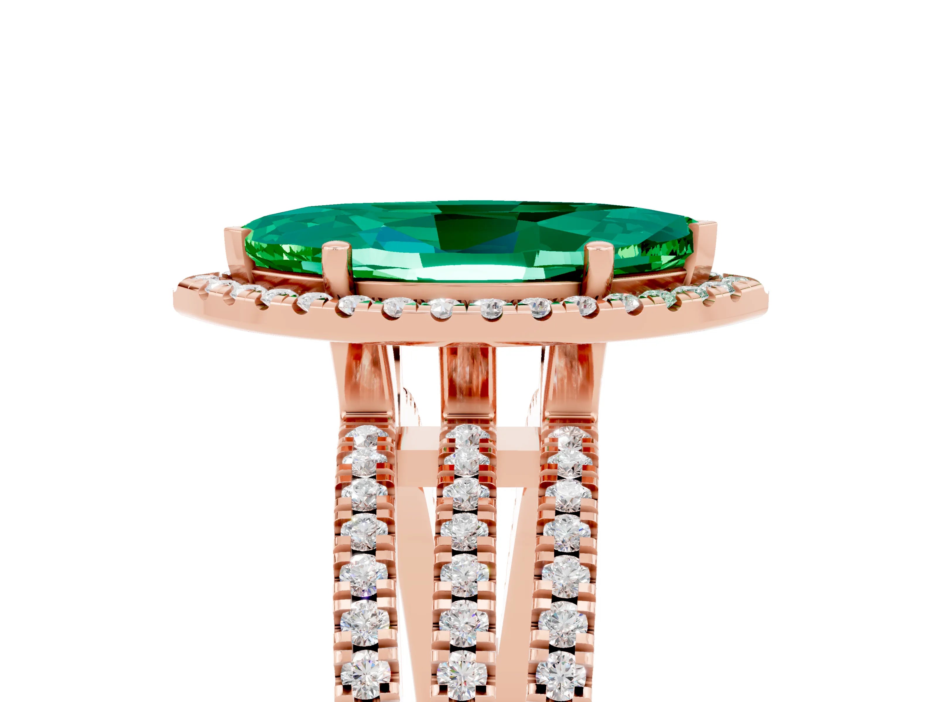 Rose gold {shape_name} Emerald Halo Engagement Ring with Split Shank and Four-Prong Setting_5