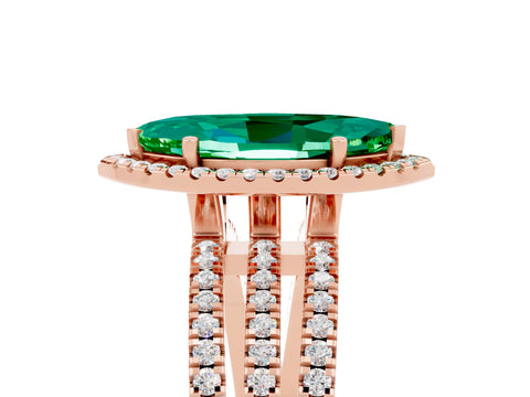 Rose gold {shape_name} Emerald Halo Engagement Ring with Split Shank and Four-Prong Setting_5