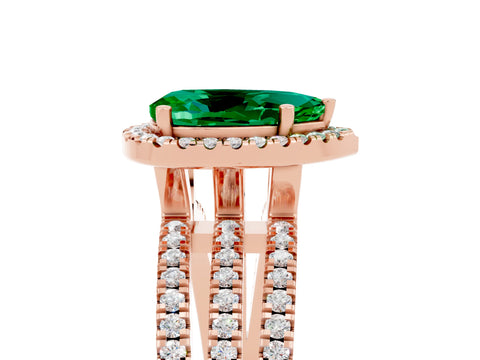 Rose gold {shape_name} Emerald Halo Engagement Ring with Split Shank and Four-Prong Setting_5