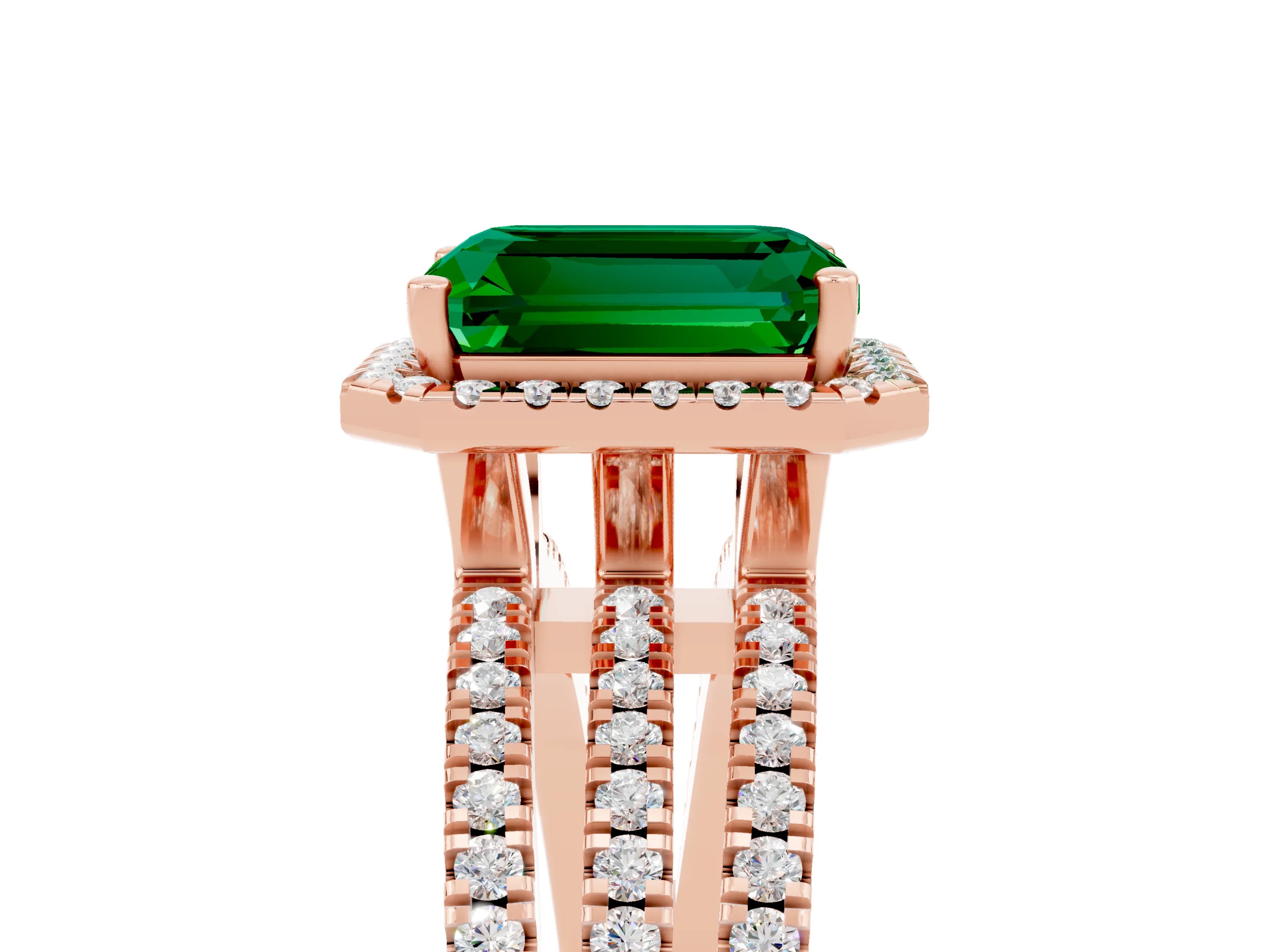 Rose gold {shape_name} Emerald Halo Engagement Ring with Split Shank and Four-Prong Setting_5