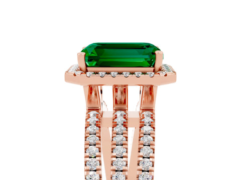 Rose gold {shape_name} Emerald Halo Engagement Ring with Split Shank and Four-Prong Setting_5