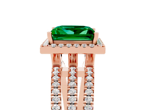 Rose gold {shape_name} Emerald Halo Engagement Ring with Split Shank and Four-Prong Setting_5