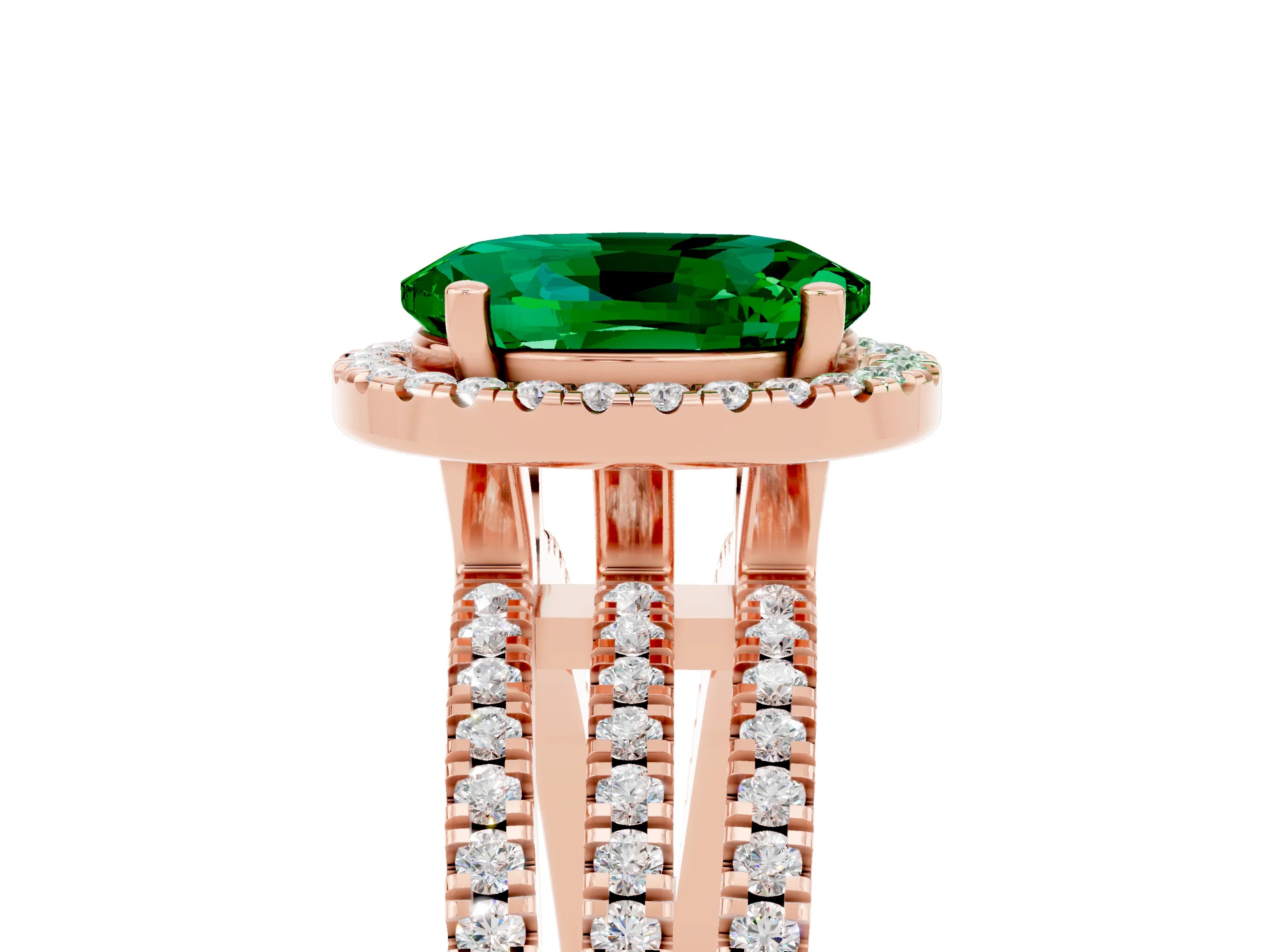 Rose gold {shape_name} Emerald Halo Engagement Ring with Split Shank and Four-Prong Setting_5