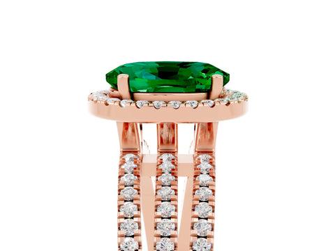 Rose gold {shape_name} Emerald Halo Engagement Ring with Split Shank and Four-Prong Setting_5
