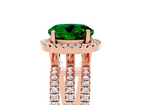 Rose gold {shape_name} Emerald Halo Engagement Ring with Split Shank and Four-Prong Setting_5