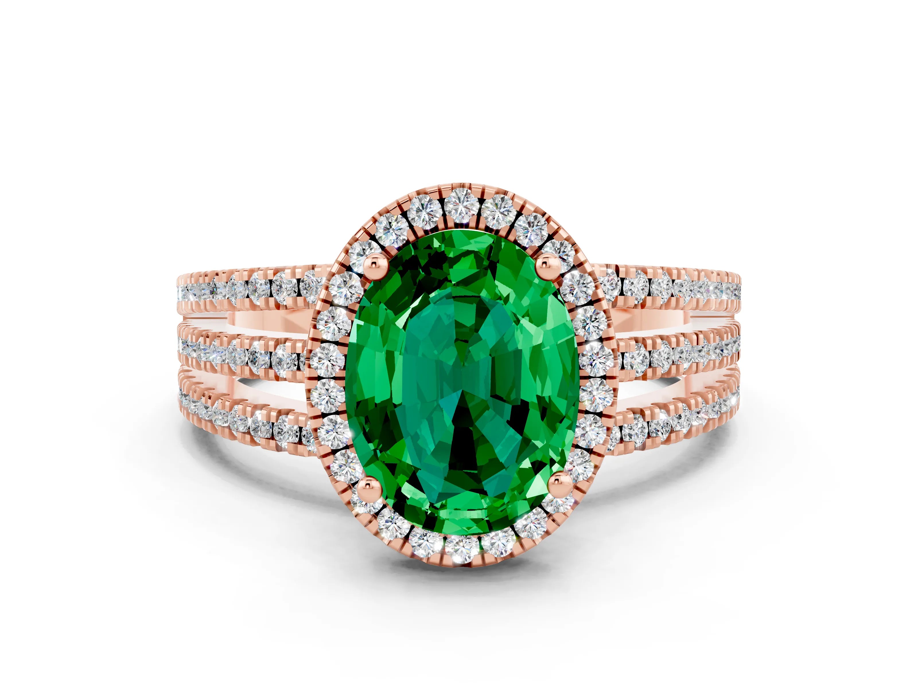 Rose gold {shape_name} Emerald Halo Engagement Ring with Split Shank and Four-Prong Setting