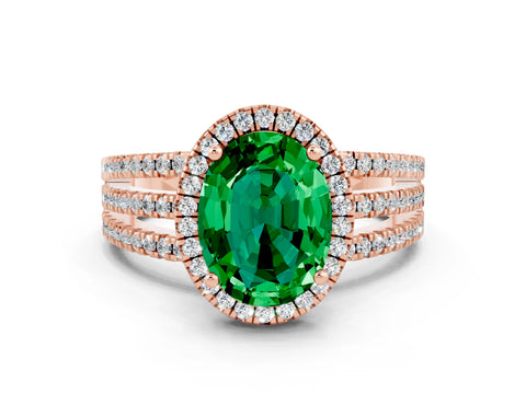 Rose gold {shape_name} Emerald Halo Engagement Ring with Split Shank and Four-Prong Setting
