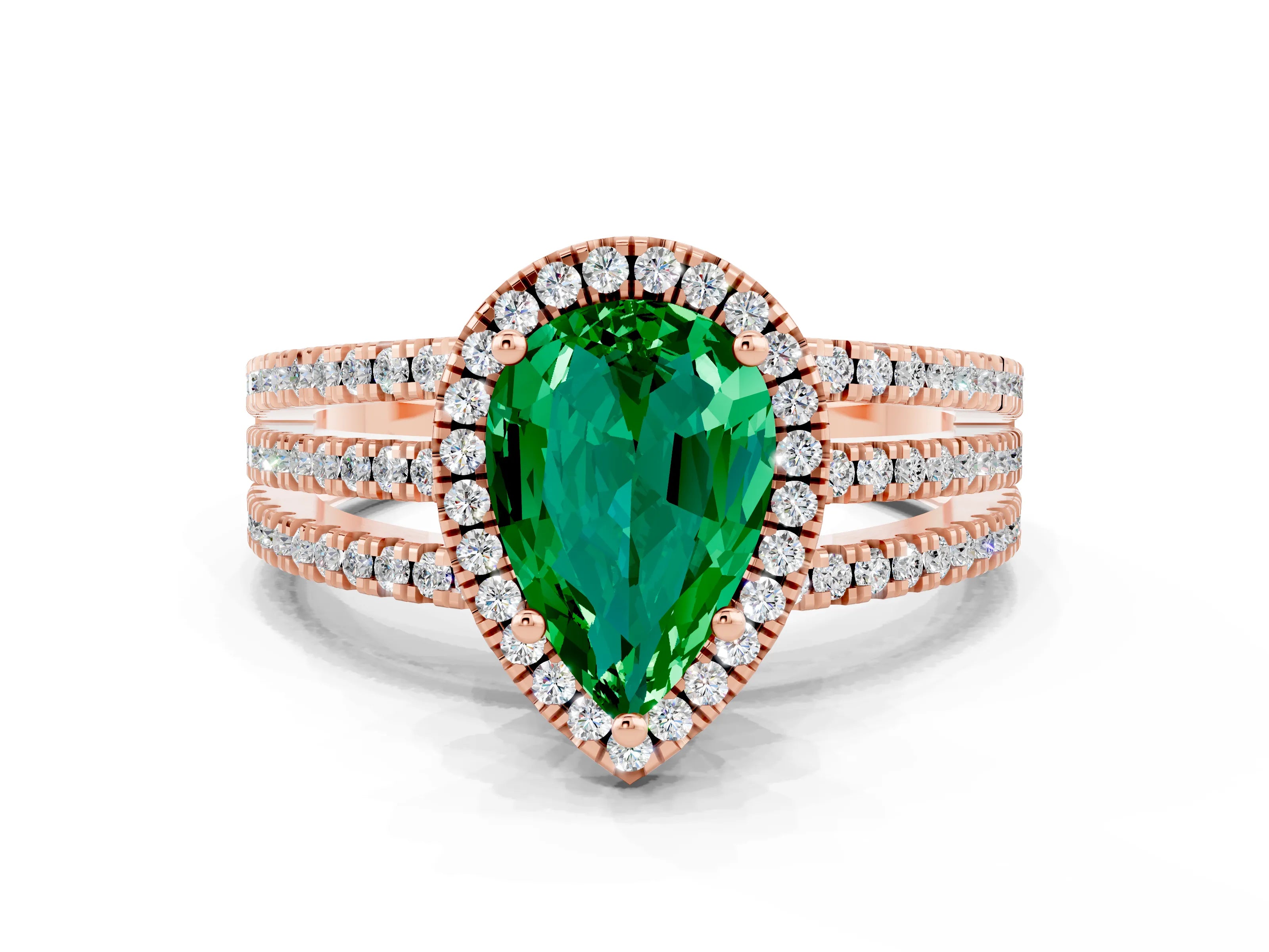 Rose gold {shape_name} Emerald Halo Engagement Ring with Split Shank and Four-Prong Setting
