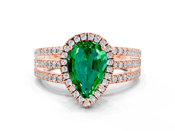 Rose gold Pear Cut Emerald Halo Engagement Ring with Split Shank and Four-Prong Setting