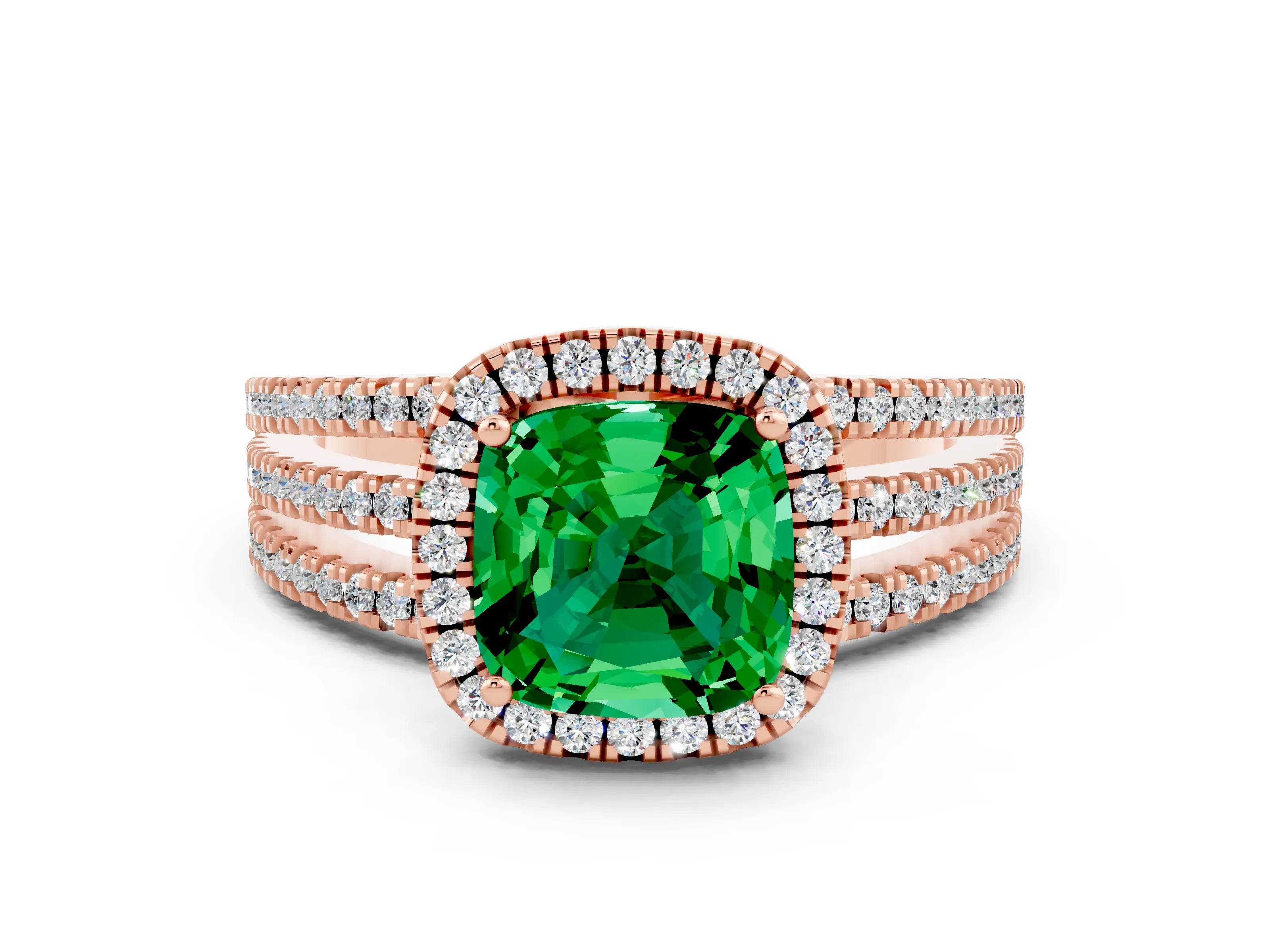 Rose gold {shape_name} Emerald Halo Engagement Ring with Split Shank and Four-Prong Setting