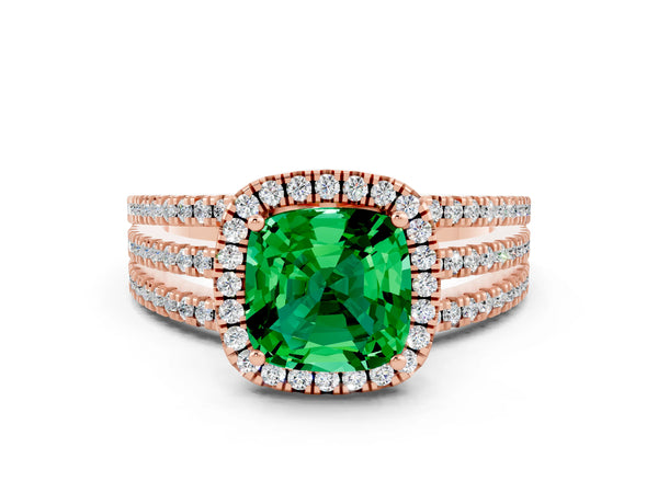 Rose gold Cushion Cut Emerald Halo Engagement Ring with Split Shank and Four-Prong Setting