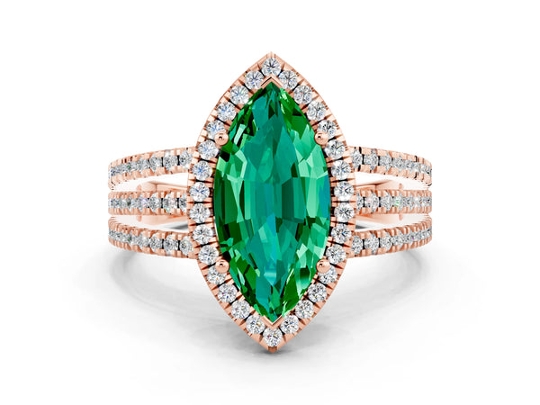 Rose gold Marquise Cut Emerald Halo Engagement Ring with Split Shank and Four-Prong Setting