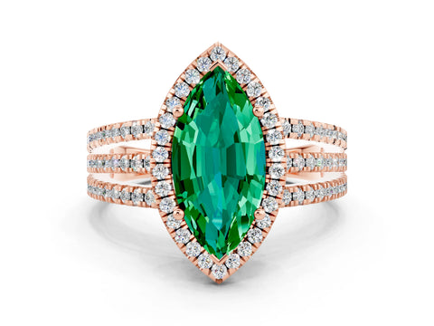 Rose gold {shape_name} Emerald Halo Engagement Ring with Split Shank and Four-Prong Setting