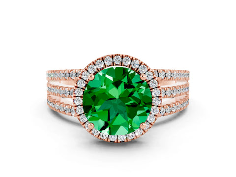 Rose gold {shape_name} Emerald Halo Engagement Ring with Split Shank and Four-Prong Setting