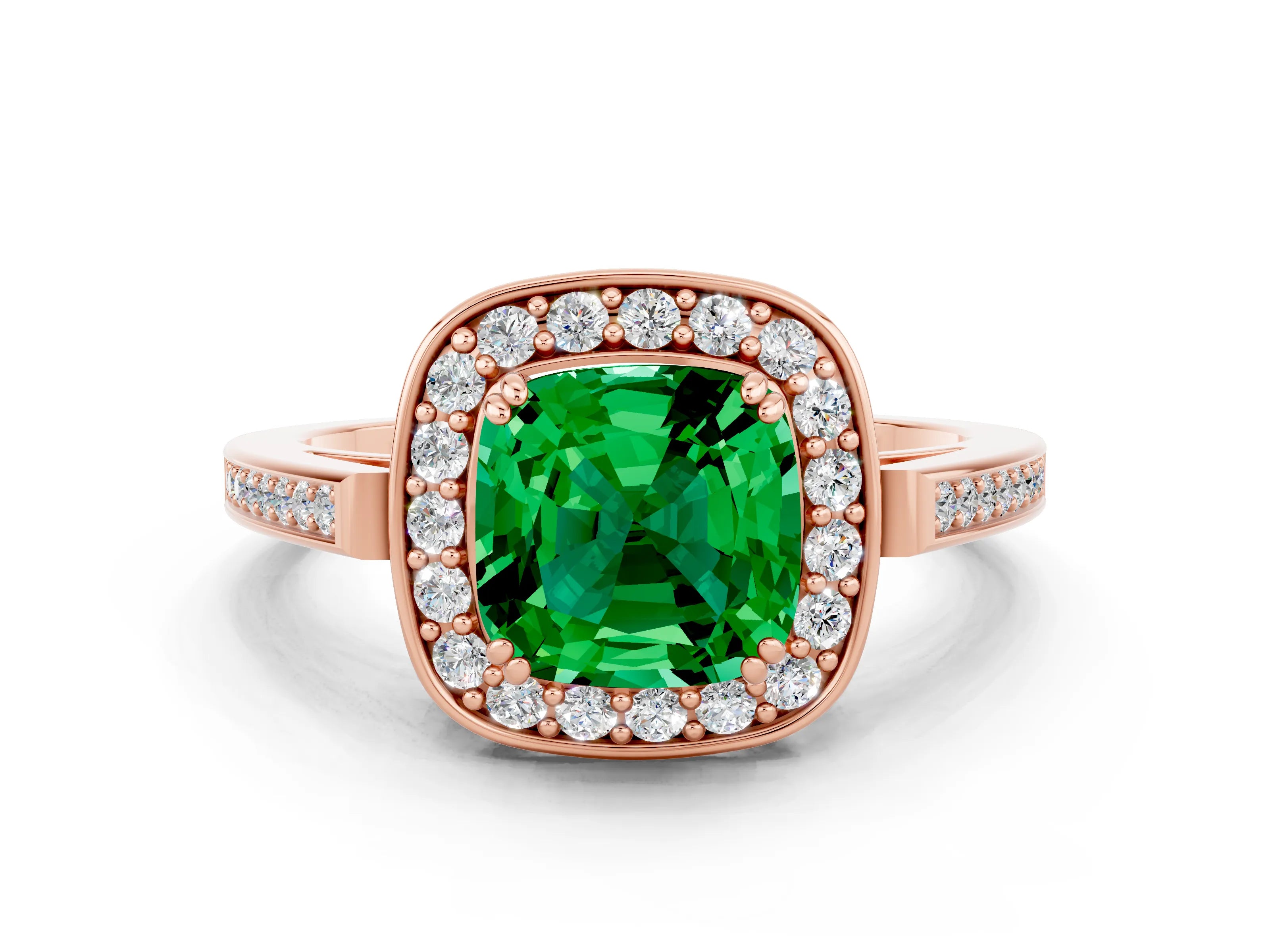 Rose gold {shape_name} Emerald Halo Ring with Split Shank and Four-Prong Setting_12