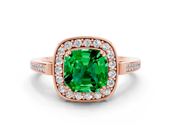 Rose gold Cushion Cut Emerald Halo Ring with Split Shank and Four-Prong Setting
