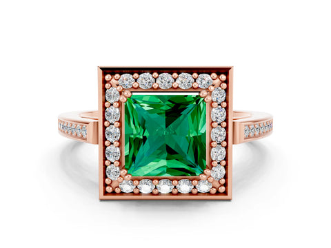 Rose gold {shape_name} Emerald Halo Ring with Split Shank and Four-Prong Setting_12