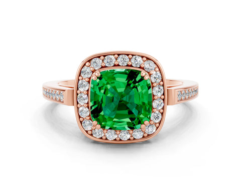 Rose gold {shape_name} Emerald Halo Ring with Split Shank and Four-Prong Setting_12