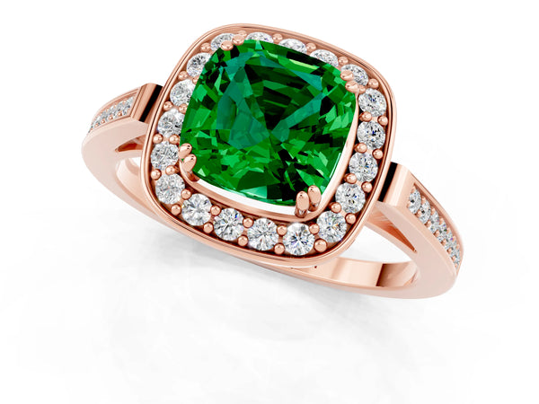 Rose gold Cushion Cut Emerald Halo Ring with Split Shank and Four-Prong Setting