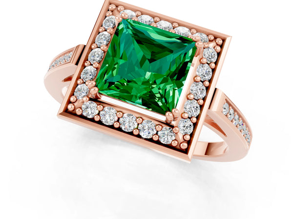 Rose gold Princess Cut Emerald Halo Ring with Split Shank and Four-Prong Setting