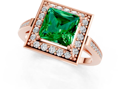Rose gold {shape_name} Emerald Halo Ring with Split Shank and Four-Prong Setting_13