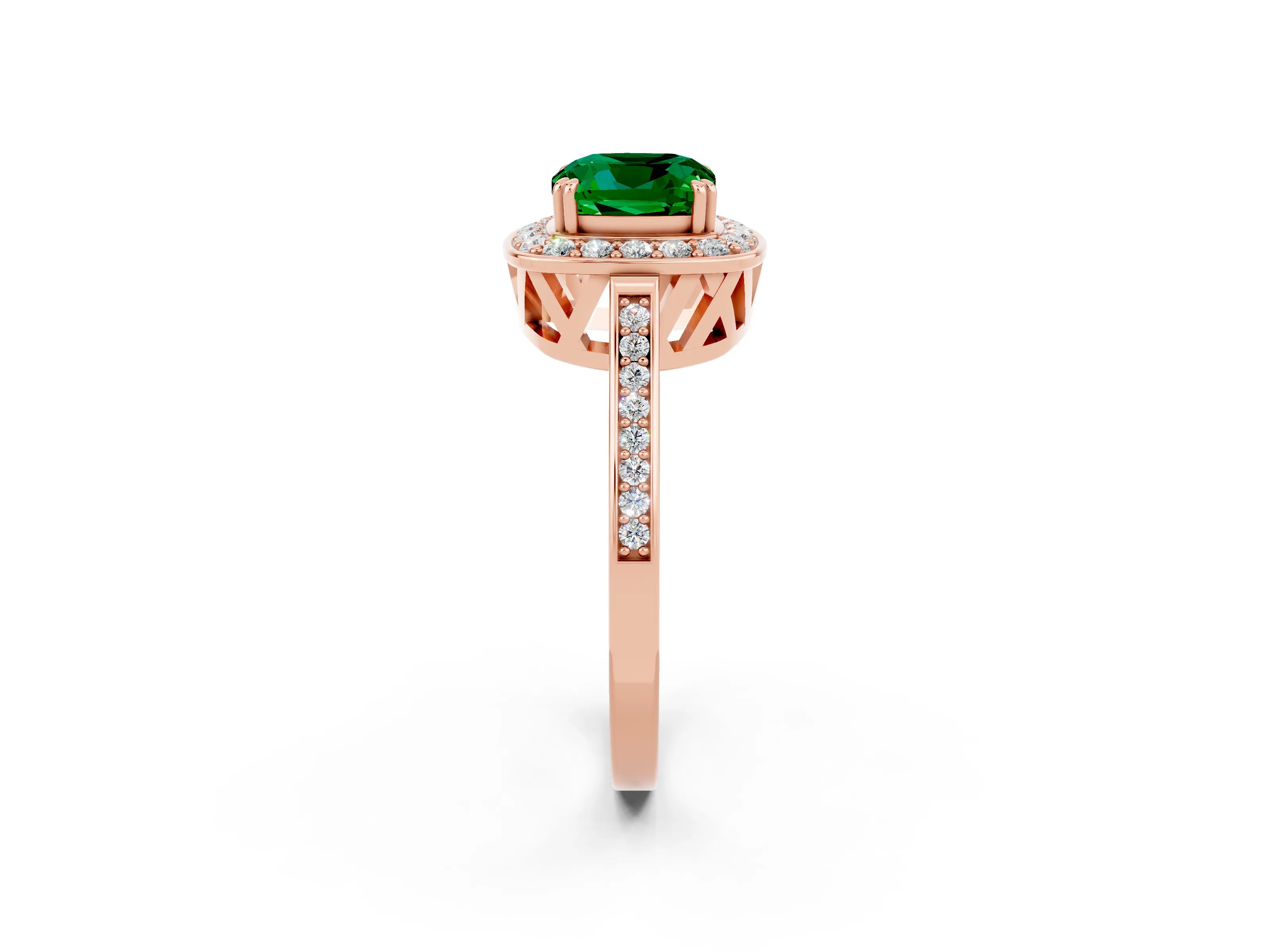 Rose gold {shape_name} Emerald Halo Ring with Split Shank and Four-Prong Setting_14