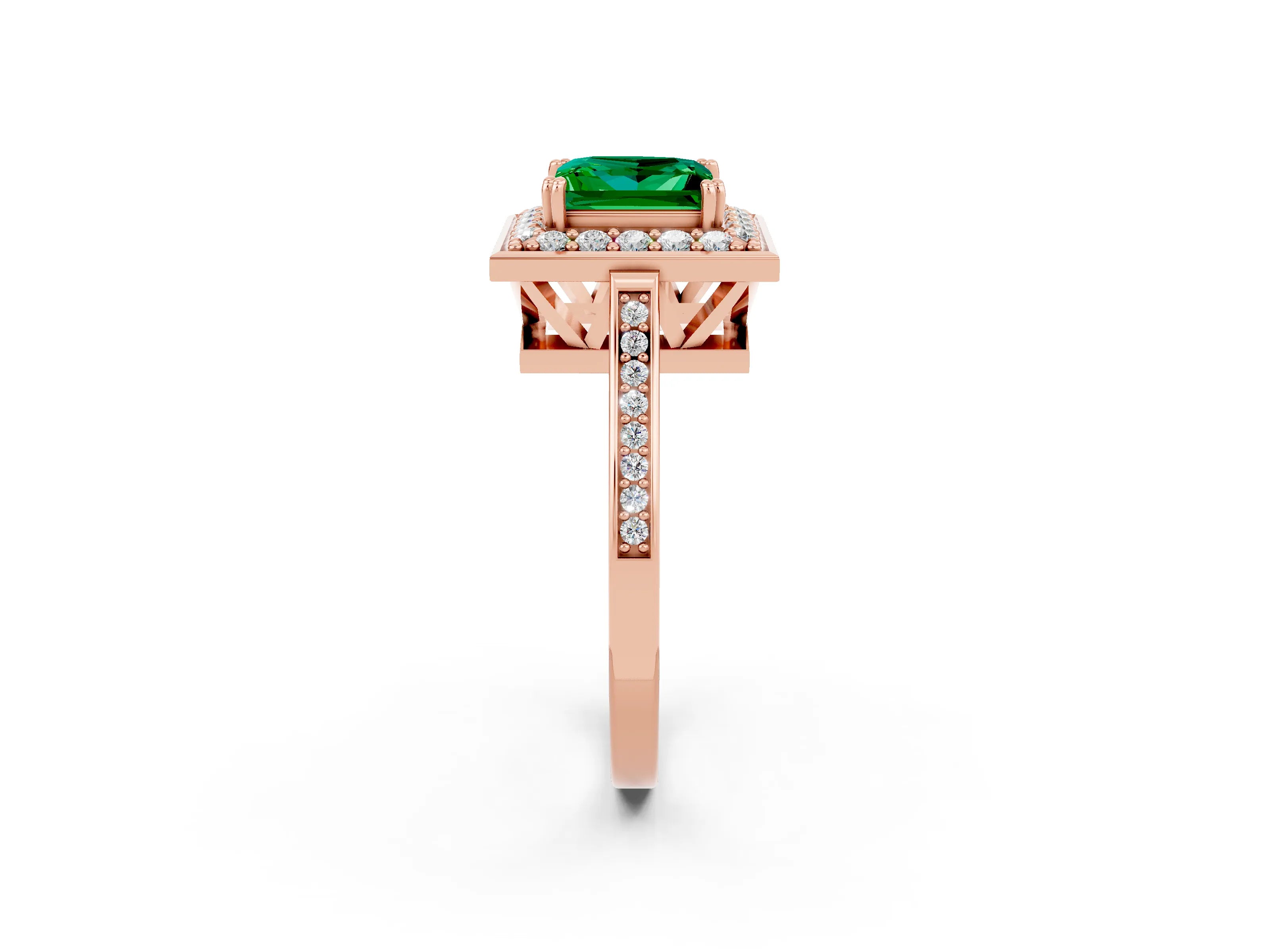 Rose gold {shape_name} Emerald Halo Ring with Split Shank and Four-Prong Setting_14