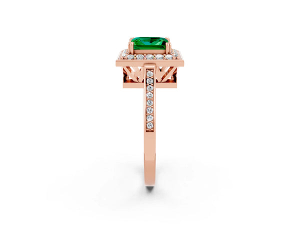Rose gold Princess Cut Emerald Halo Ring with Split Shank and Four-Prong Setting