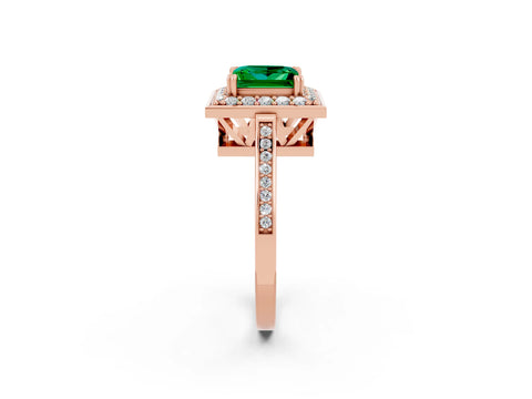Rose gold {shape_name} Emerald Halo Ring with Split Shank and Four-Prong Setting_14