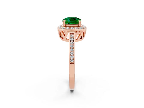Rose gold {shape_name} Emerald Halo Ring with Split Shank and Four-Prong Setting_14