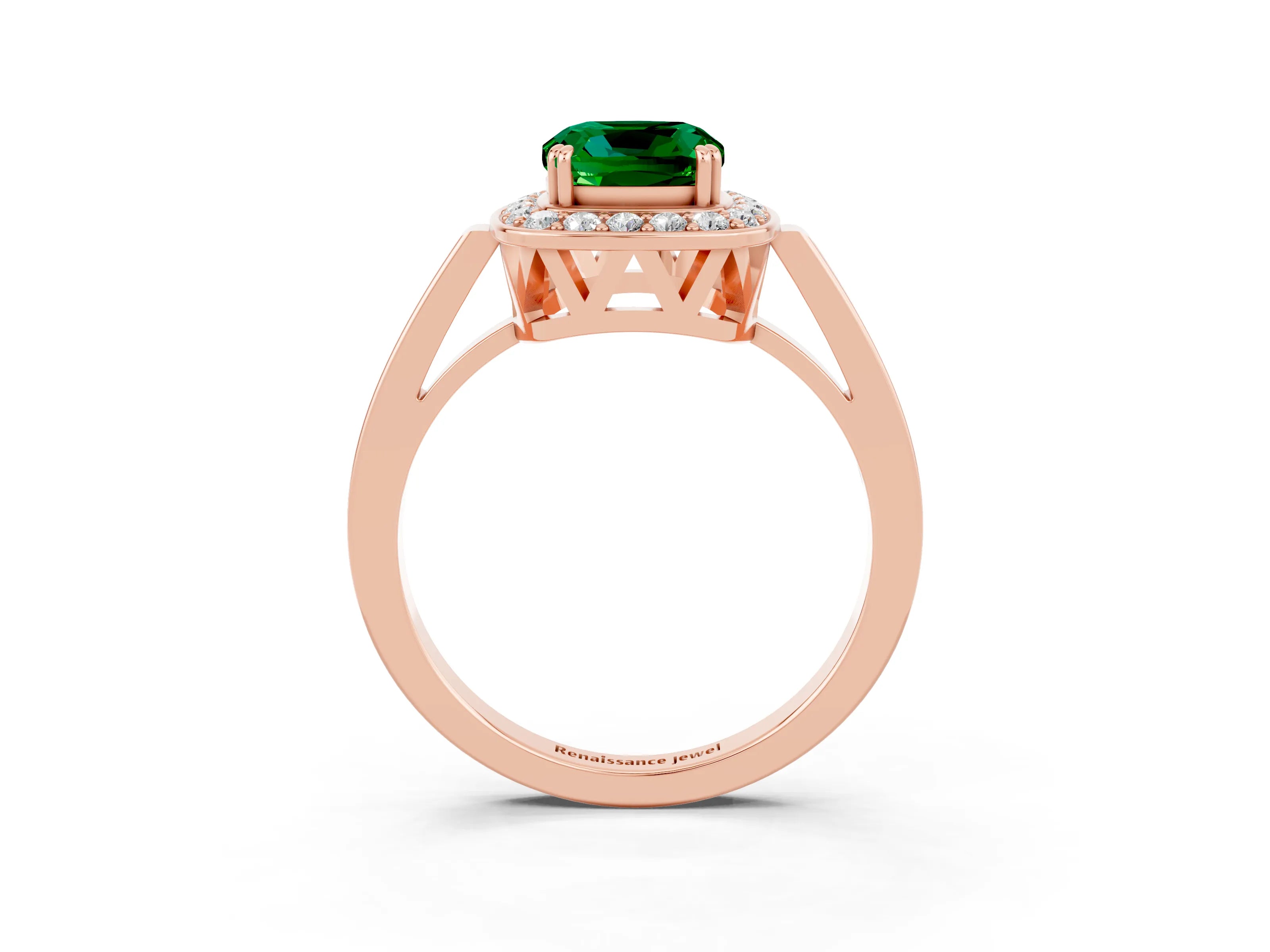 Rose gold {shape_name} Emerald Halo Ring with Split Shank and Four-Prong Setting_15