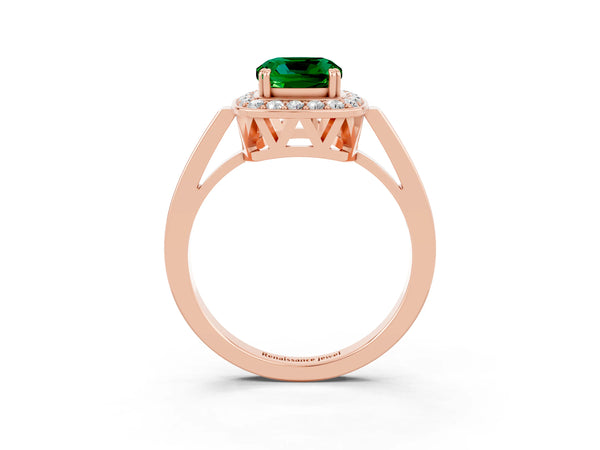 Rose gold Cushion Cut Emerald Halo Ring with Split Shank and Four-Prong Setting