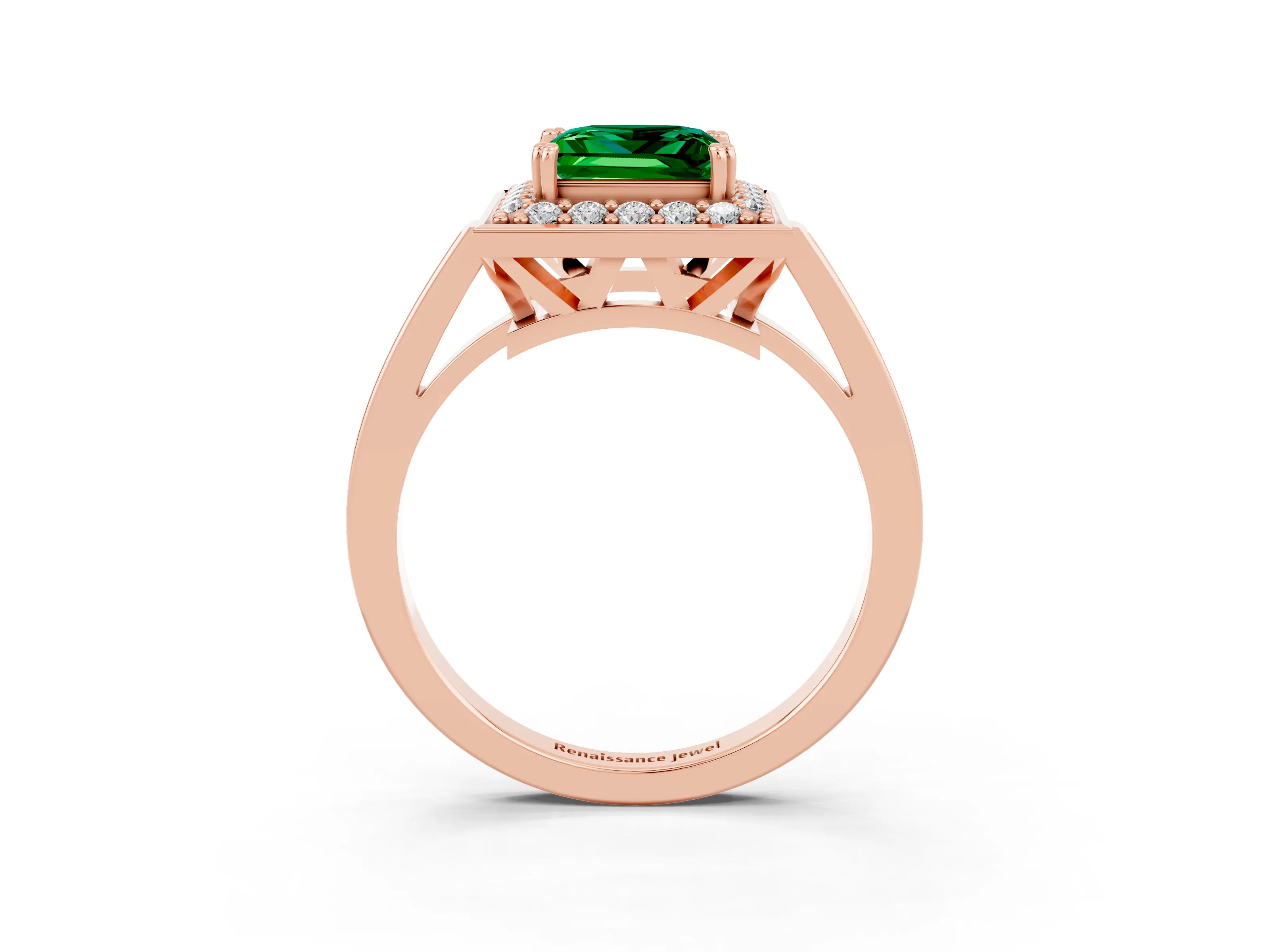Rose gold {shape_name} Emerald Halo Ring with Split Shank and Four-Prong Setting_15