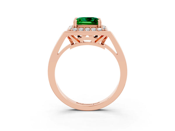 Rose gold Princess Cut Emerald Halo Ring with Split Shank and Four-Prong Setting