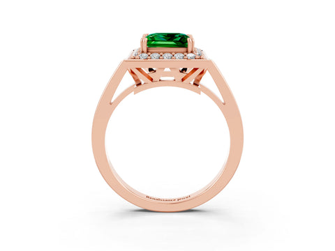 Rose gold {shape_name} Emerald Halo Ring with Split Shank and Four-Prong Setting_15