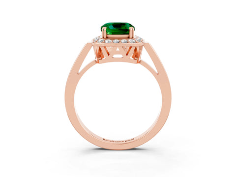Rose gold {shape_name} Emerald Halo Ring with Split Shank and Four-Prong Setting_15