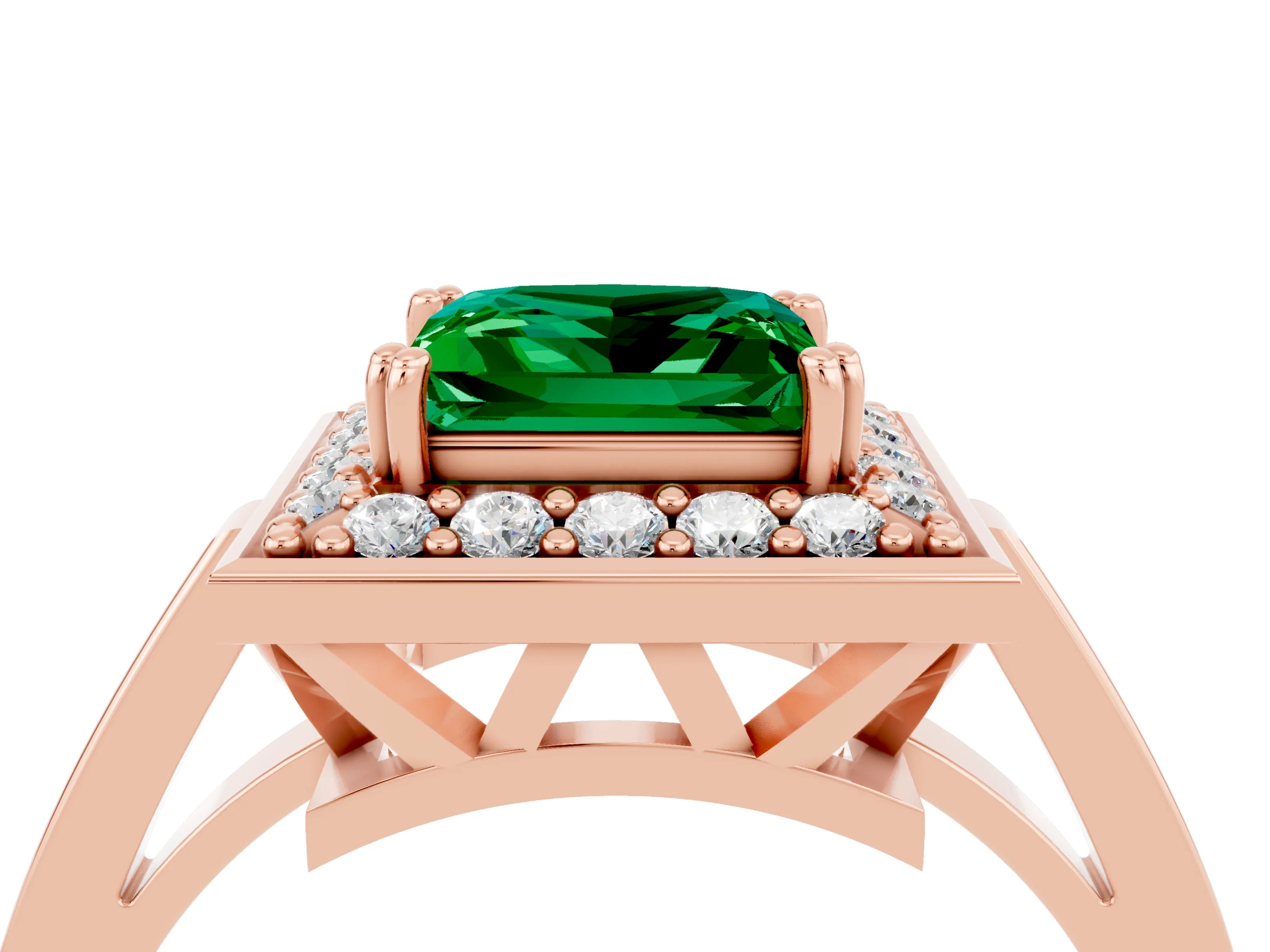 Rose gold {shape_name} Emerald Halo Ring with Split Shank and Four-Prong Setting_16
