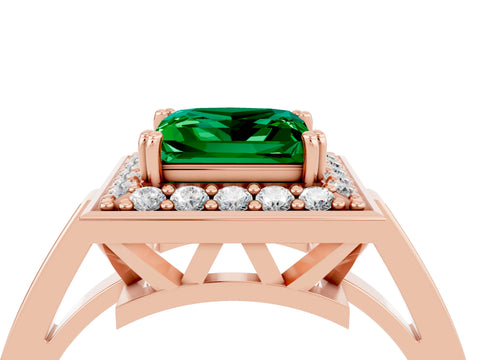 Rose gold {shape_name} Emerald Halo Ring with Split Shank and Four-Prong Setting_16